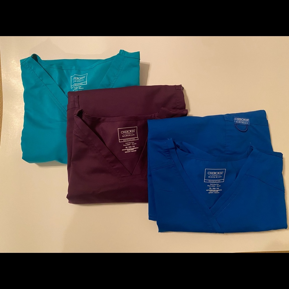 Cherokee Nurse Scrubs Lot of 3 Size XL. Teal, deep purple, and royal blue.